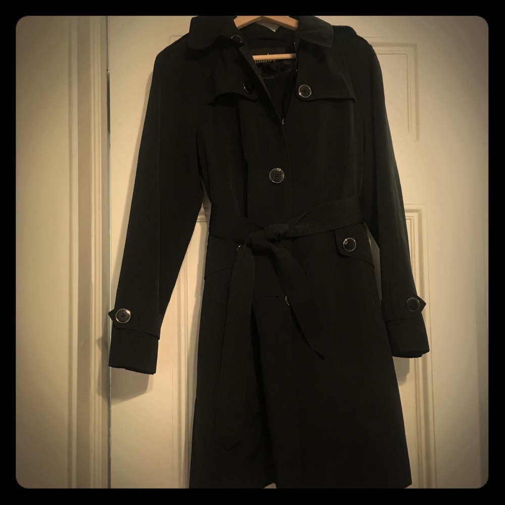 Classic black London Fog trench coat; PM